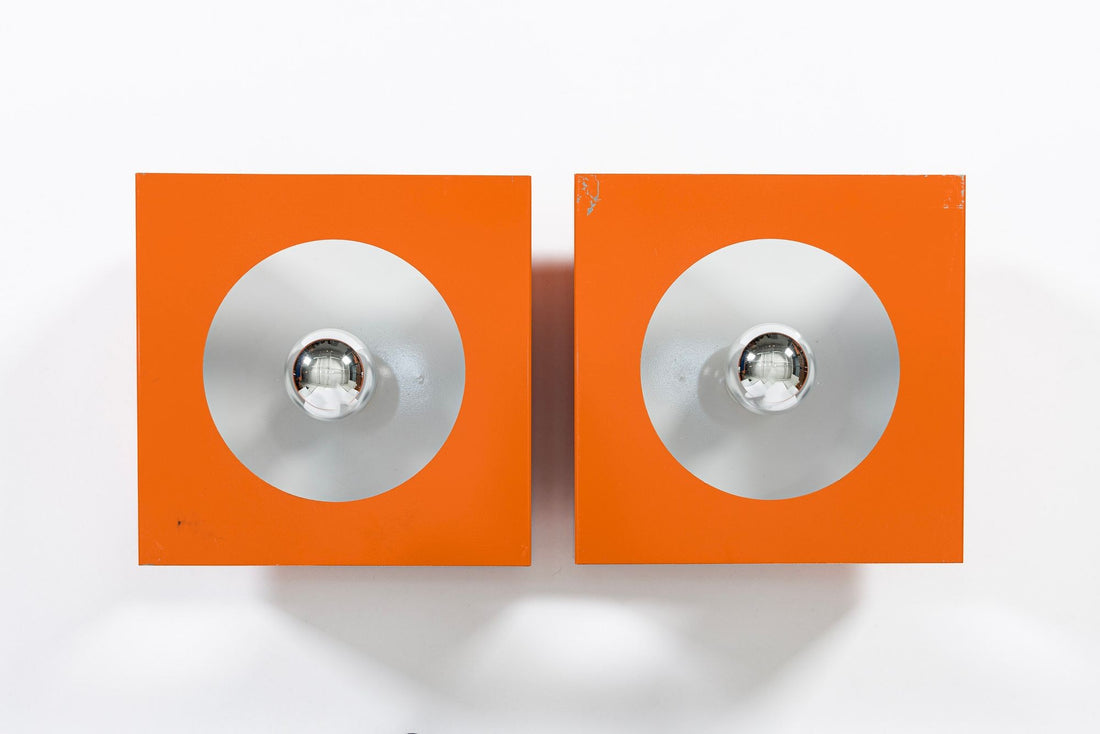Vintage Mid Century French Orange Metal Wall Light Sconces by Disderot (attr)
