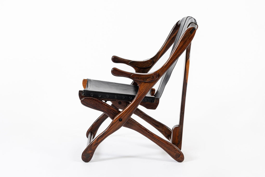 Mid Century Rosewood & Black Leather Folding Lounge Chair by Don Shoemaker