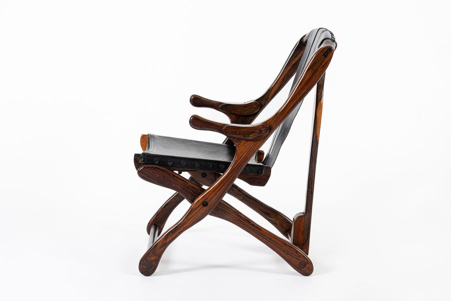 Mid Century Rosewood & Black Leather Folding Lounge Chair by Don Shoemaker