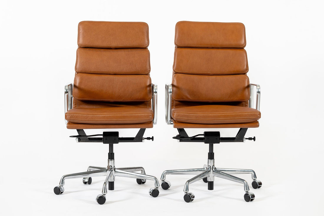 Pair Herman Miller Eames Tall Brown Leather Desk Chair Soft Pad