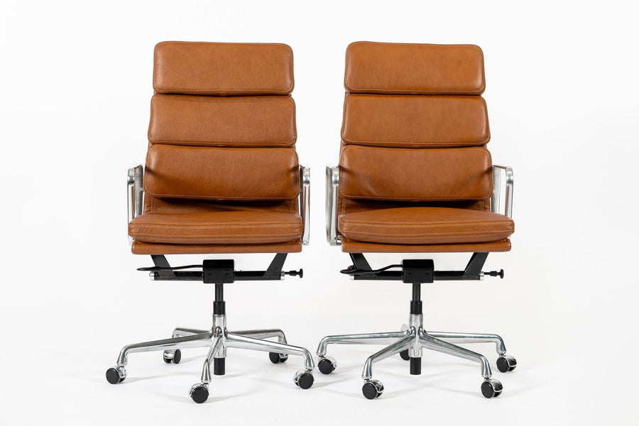 Pair Herman Miller Eames Tall Brown Leather Desk Chair Soft Pad