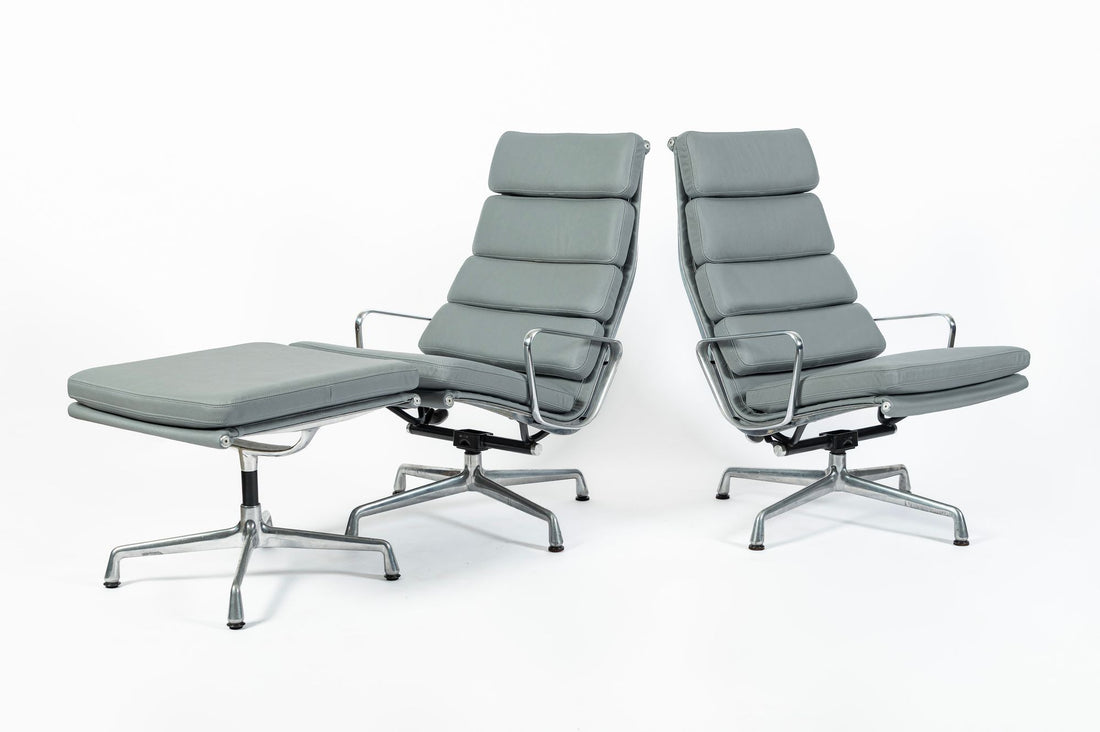 Pair Eames Soft Pad Recliners with Ottoman for Herman Miller, Gray Leather Aluminum Group