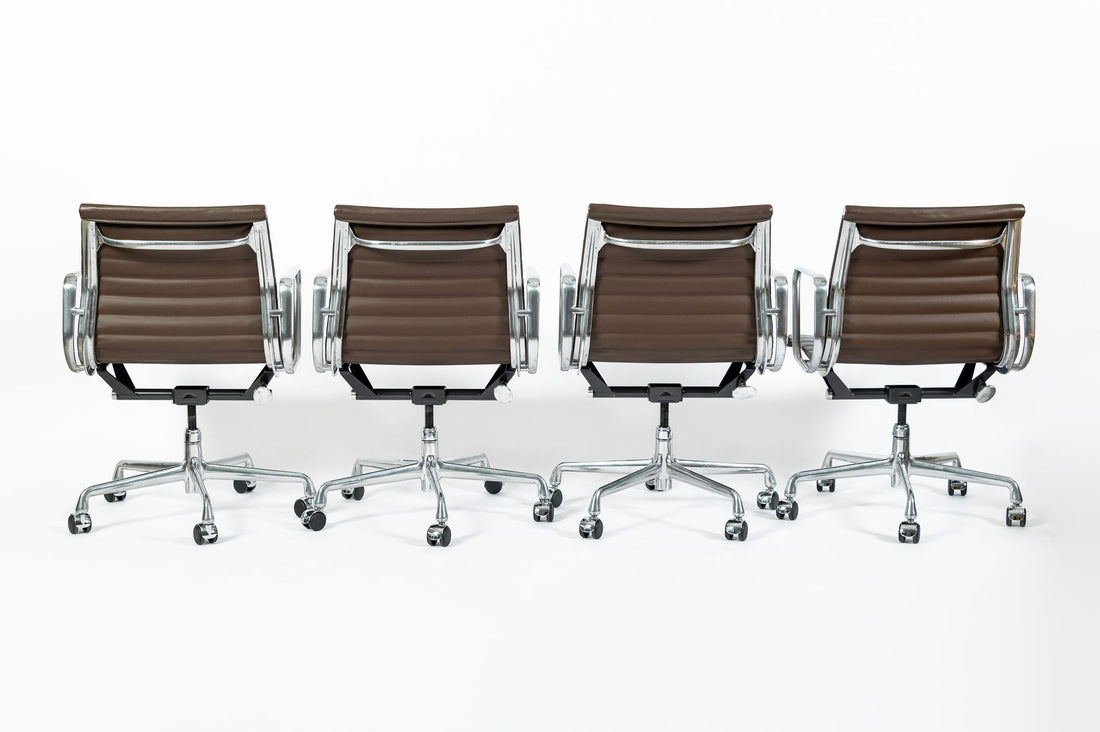 Set of 4 Eames Thin Pad Office Chairs for Herman Miller, Brown Leather Aluminum Group