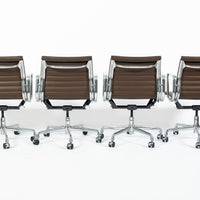 Set of 4 Eames Thin Pad Office Chairs for Herman Miller, Brown Leather Aluminum Group