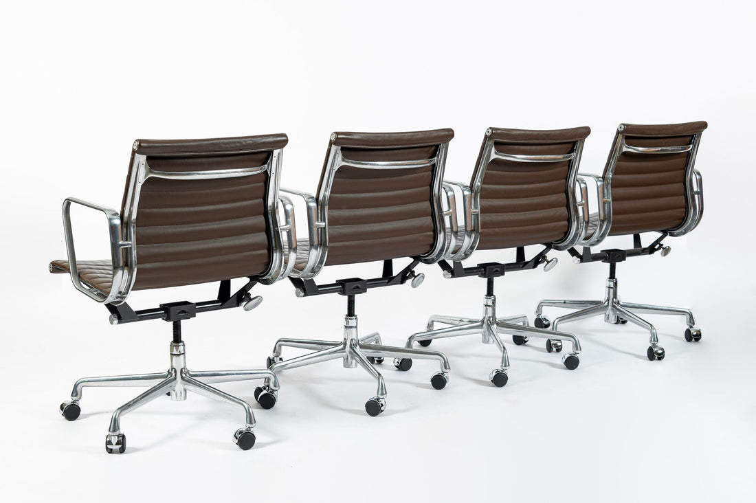 Set of 4 Eames Herman Miller Office Chairs, Brown Leather Thin Pad Aluminum Group