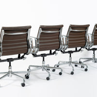 Set of 4 Eames Herman Miller Office Chairs, Brown Leather Thin Pad Aluminum Group