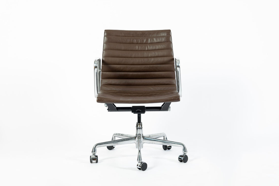 Eames Herman Miller Brown Leather Aluminum Group Thin Pad Desk Chair, 2008