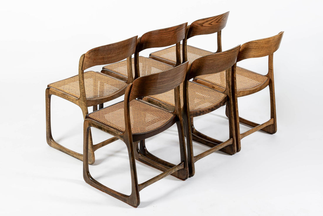 Mid Century Modern French Wood & Cane Wicker Chairs by Baumann
