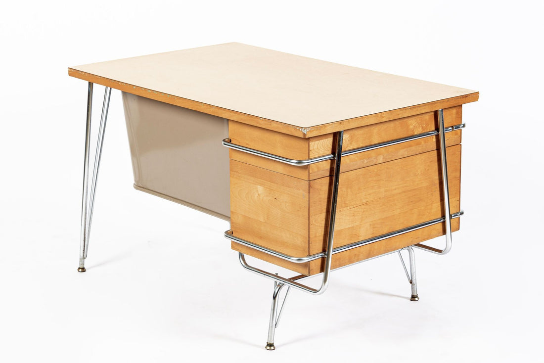 Kem Weber Trimline Desk for Heywood Wakefield, Mid Century Modern Birch and Chrome Office Desk, 1950s