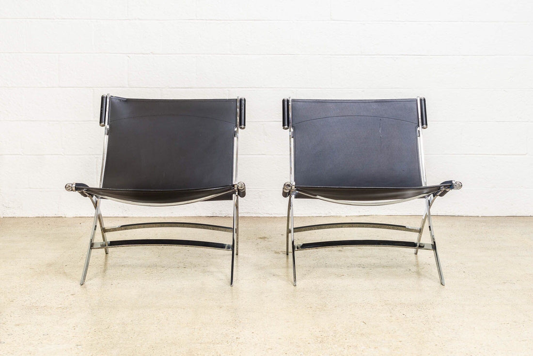 Vintage Postmodern Black Leather and Chrome Lounge Chairs by Antonio Citterio