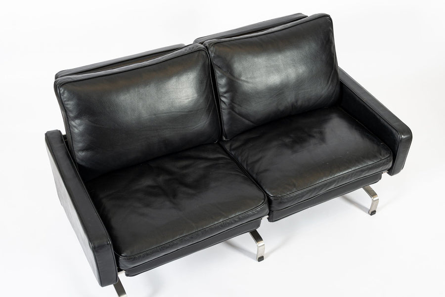 Vintage Postmodern Black Leather & Brushed Steel Loveseat Sofa, 1980s