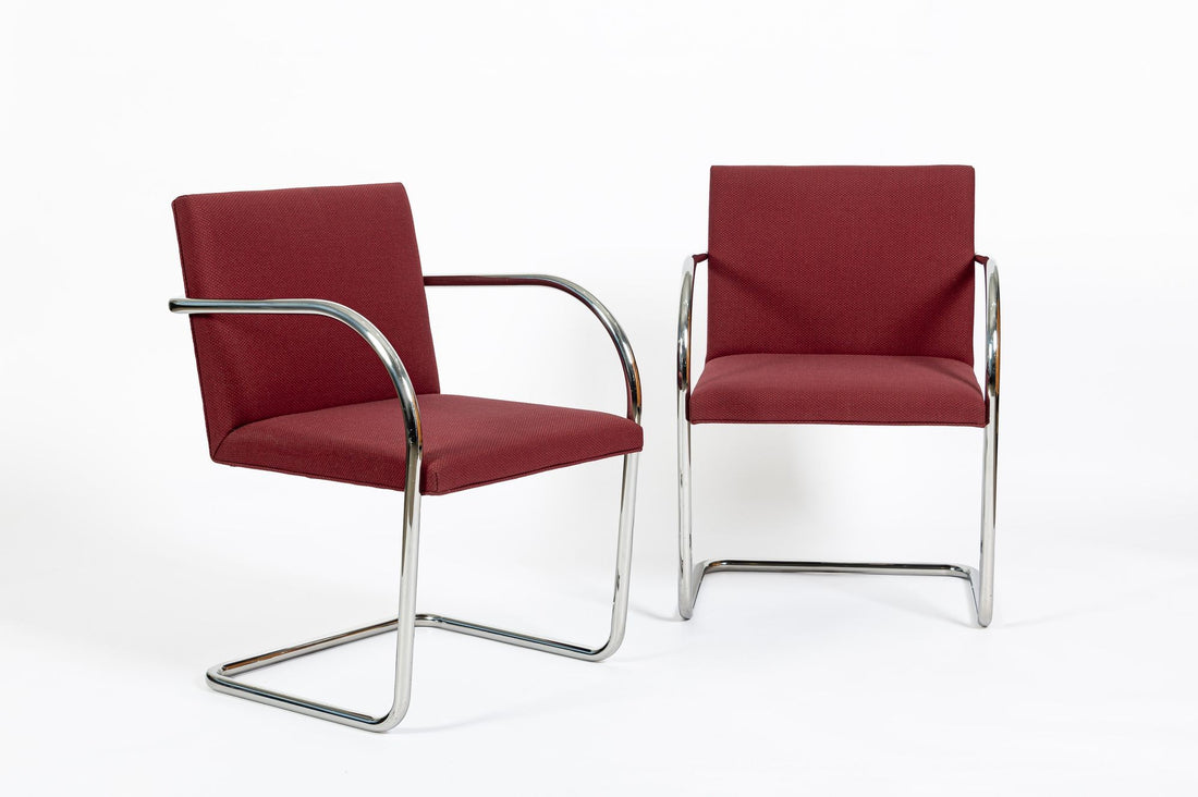 Pair Mid-Century Red Brno Armchairs by Mies van der Rohe for Knoll, 1983