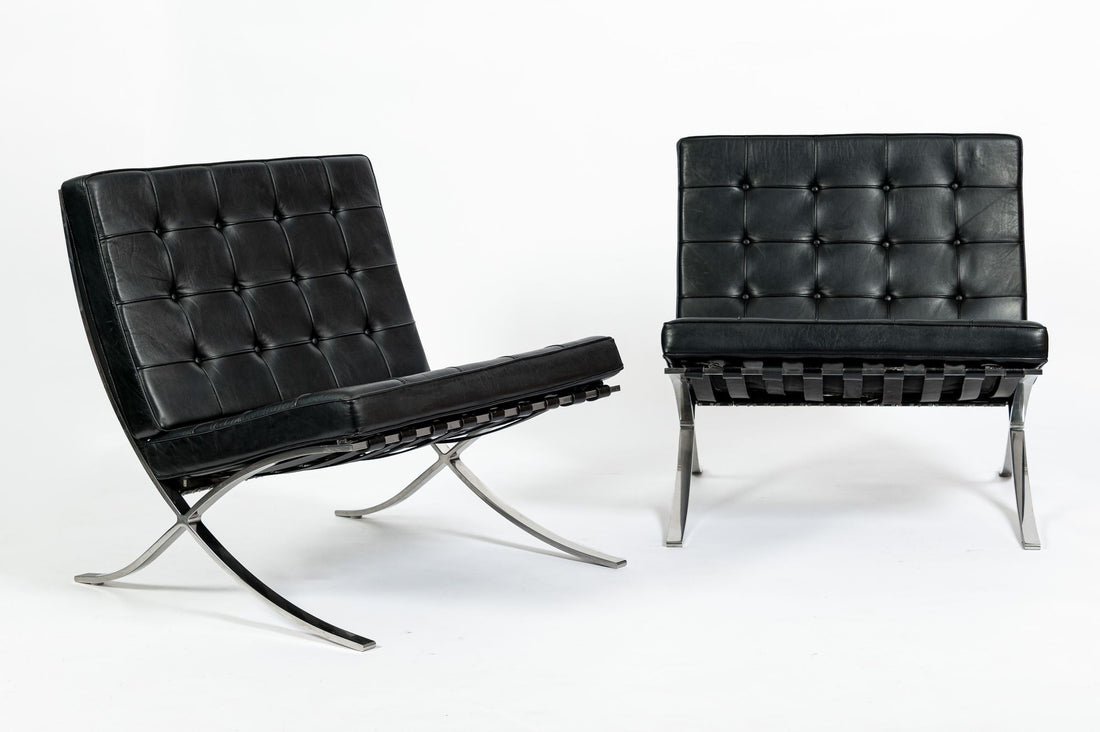 Pair Mid Century Black Leather Barcelona Chairs by Mies van der Rohe for Knoll, 1977