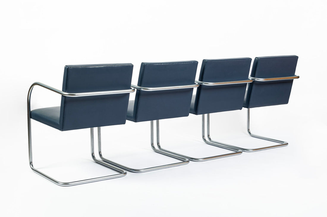 Mid Century Modern Blue Leather Brno Arm Chairs by Mies van der Rohe for Knoll, Set of 4
