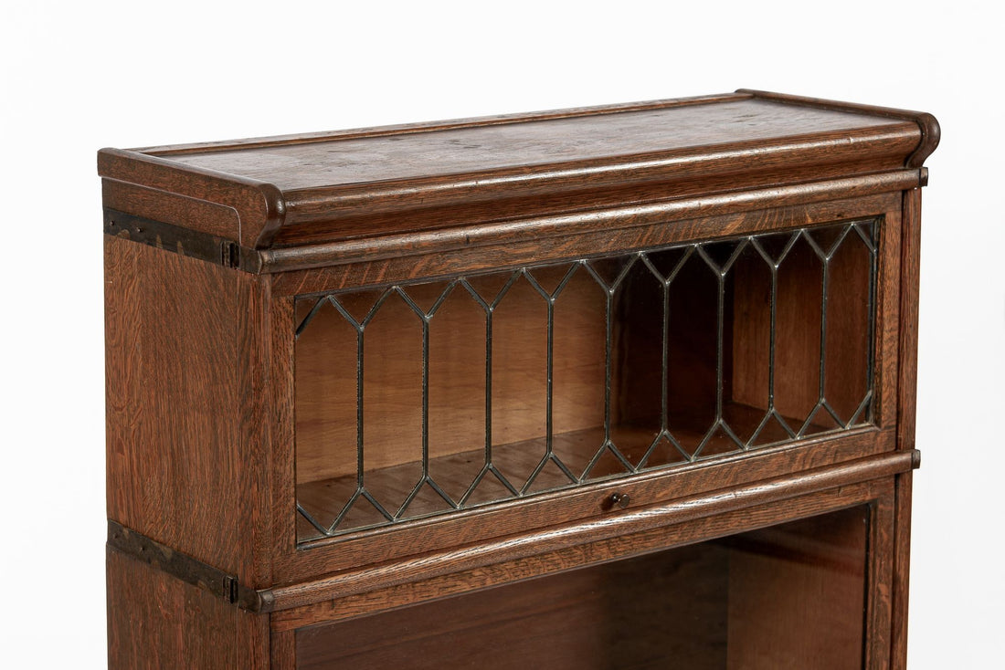 Antique Three Shelf Wood Barrister Bookcase Cabinet with Leaded Glass