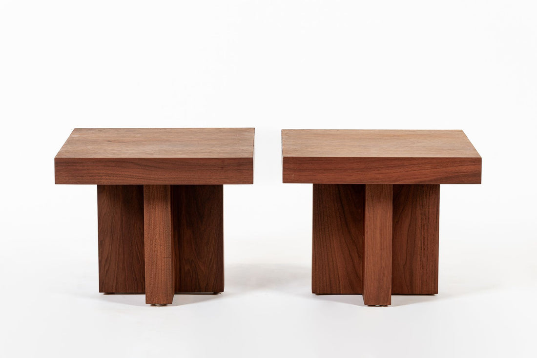 Mid Century Walnut Wood Side Tables Milo Baughman Style 1970s