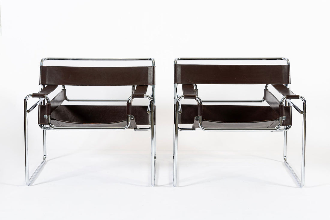 Mid Century Dark Brown Leather Wassily Arm Chairs by Marcel Breuer for Knoll, Signed, 1960s