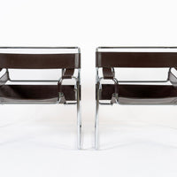 Mid Century Dark Brown Leather Wassily Arm Chairs by Marcel Breuer for Knoll, Signed, 1960s