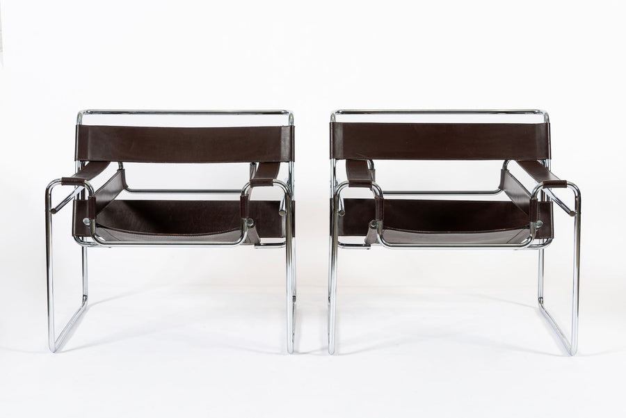 Mid Century Dark Brown Leather Wassily Arm Chairs by Marcel Breuer for Knoll, Signed, 1960s