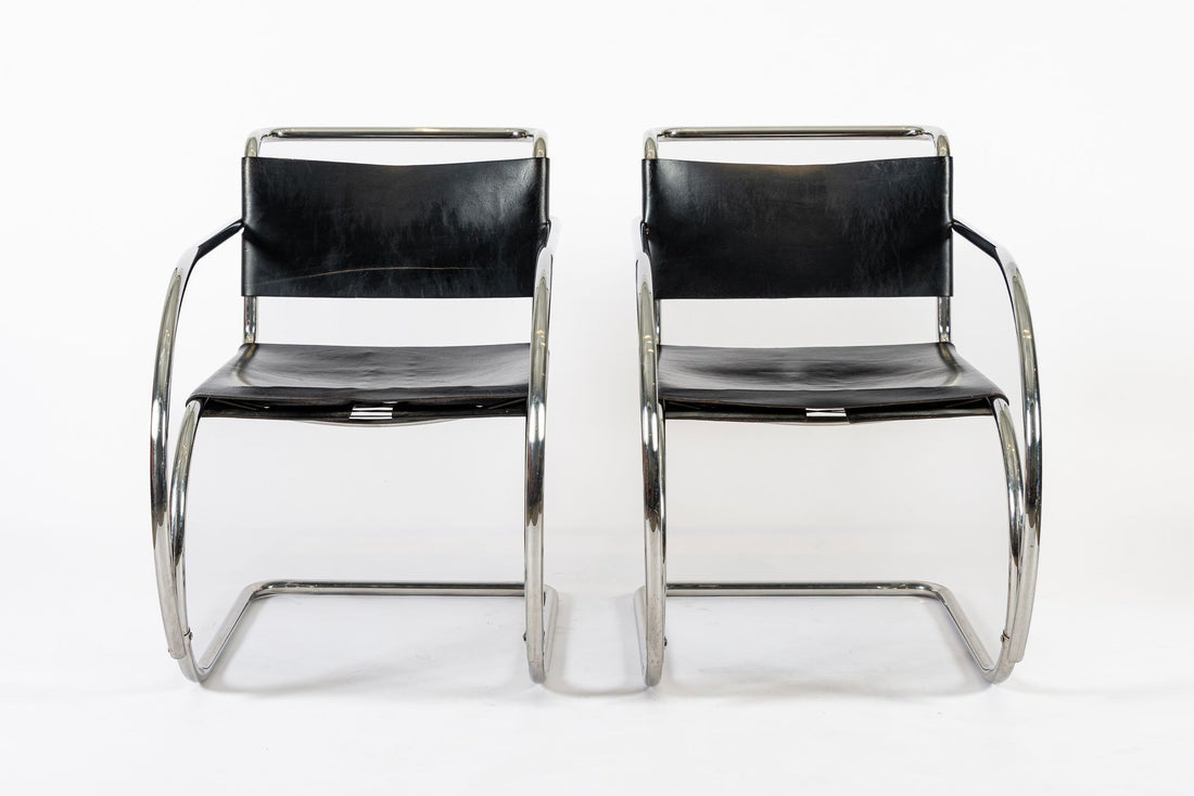 Bauhaus MR 20 Black Leather Arm Chairs by Mies van der Rohe for Knoll, 1979