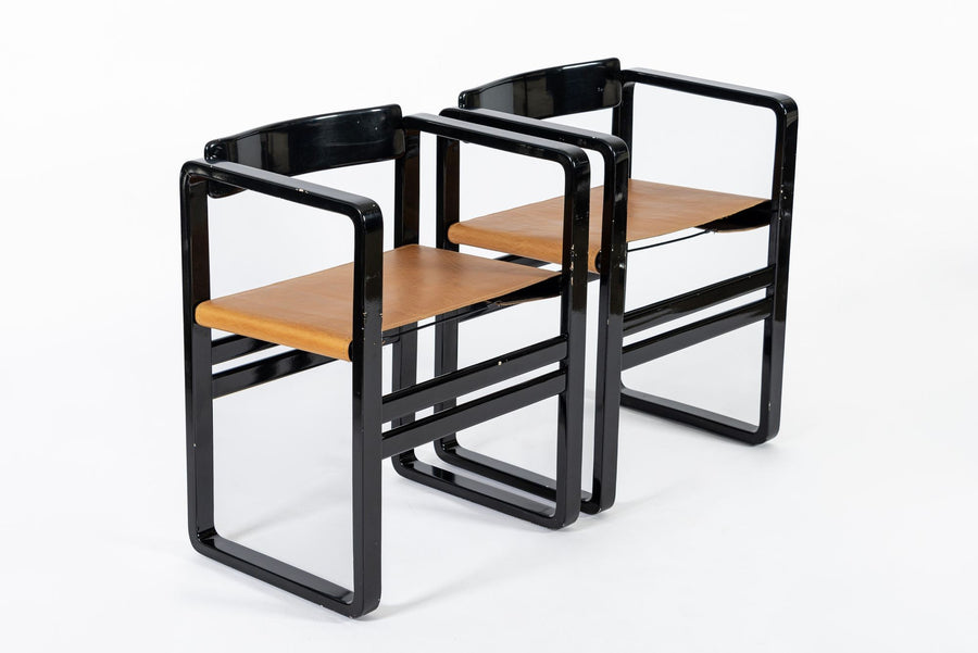 Mid Century Modern Black Lacquer and Brown Leather Arm Chairs 1970s