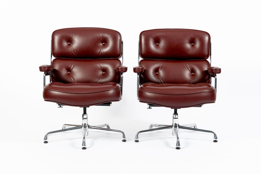 Pair Eames Herman Miller Time Life Lobby Red Leather Office Chairs