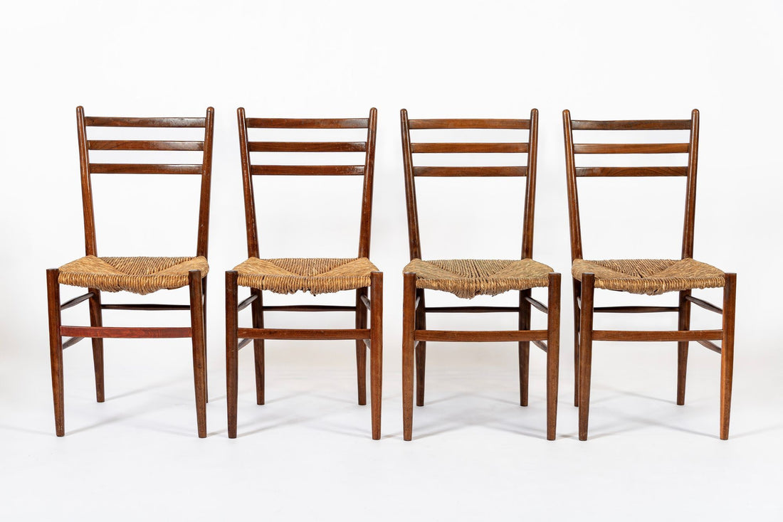 Vintage Rustic Modern Wood and Rush Wicker Dining Chairs, Set of 4