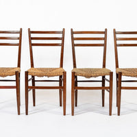 Vintage Rustic Modern Wood and Rush Wicker Dining Chairs, Set of 4