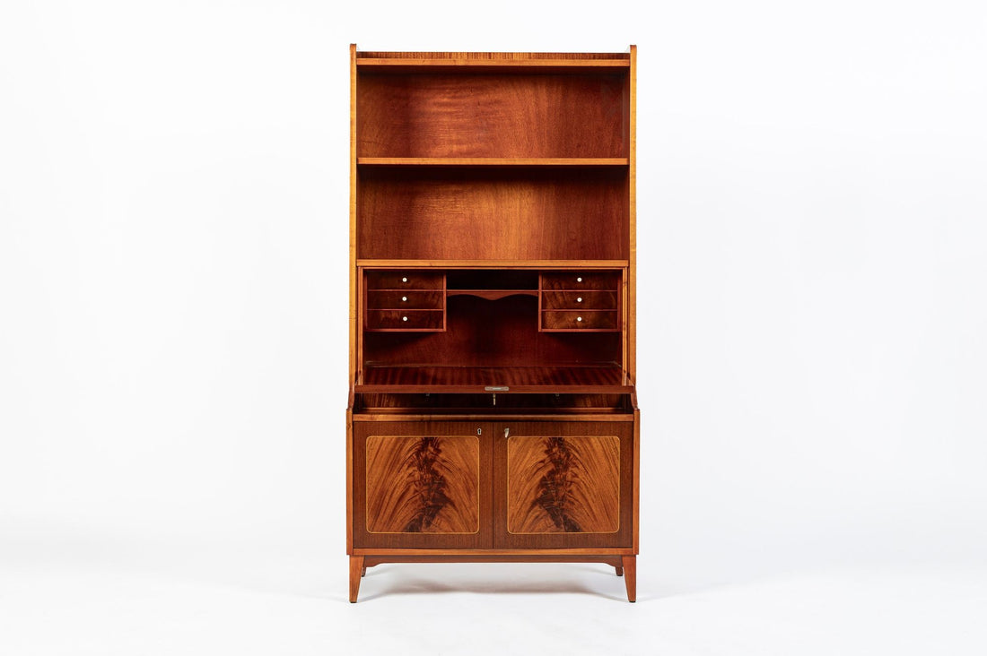 Scandinavian Modern Figured Mahogany Secretary Bookcase Cabinet 1960s