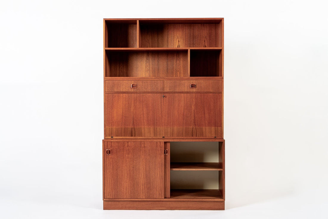 Mid Century Danish Teak Wood Drop-Down Secretary Desk Wall Unit