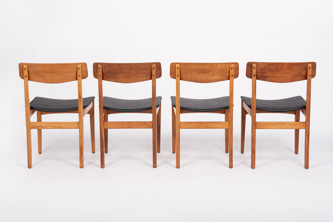 Mid Century Danish Teak Wood & Black Vinyl Dining Chairs