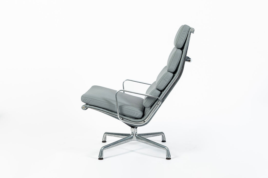 Eames Soft Pad Recliner for Herman Miller, Gray Leather Aluminum Group Lounge Chair