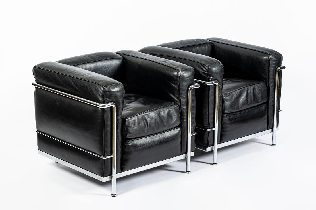Pair of Cassina LC2 Black Leather Petit Lounge Chairs by Le Corbusier