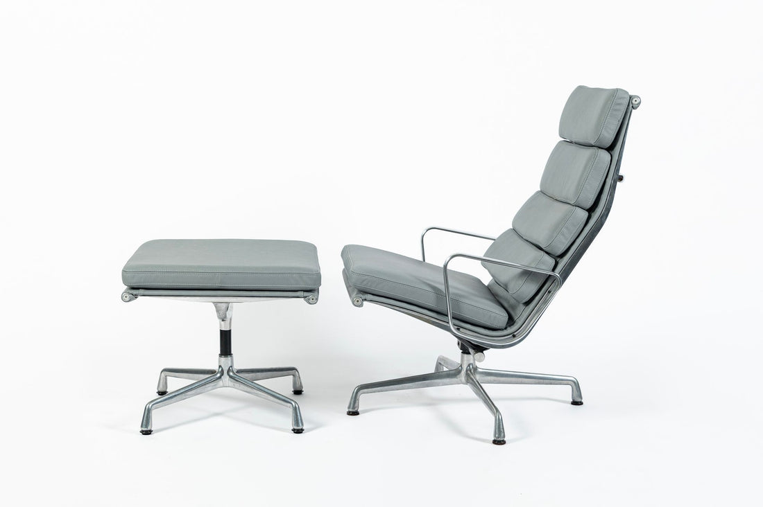 Eames Soft Pad Recliner with Ottoman for Herman Miller, Gray Leather Aluminum Group