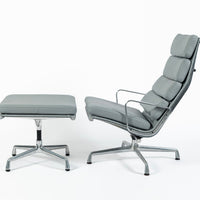 Eames Soft Pad Recliner with Ottoman for Herman Miller, Gray Leather Aluminum Group