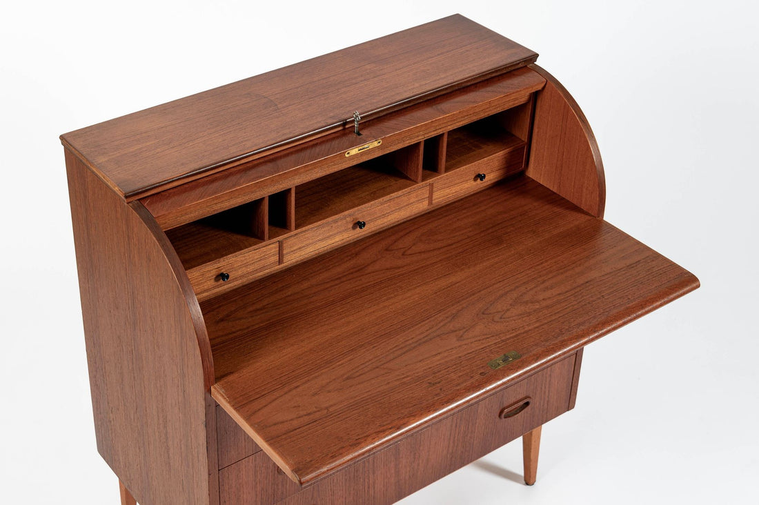 Scandinavian Teak Wood Rolltop Secretary Desk by Egon Ostergaard, Made in Sweden