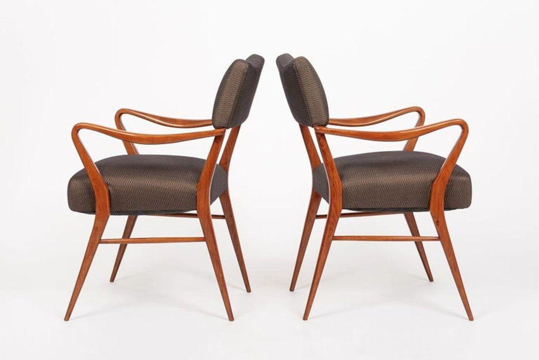 Pair of Mid Century Modern Wood & Brown Upholstered Arm Chairs, 1950s