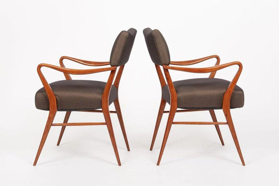 Pair of Mid Century Modern Wood & Brown Upholstered Arm Chairs, 1950s