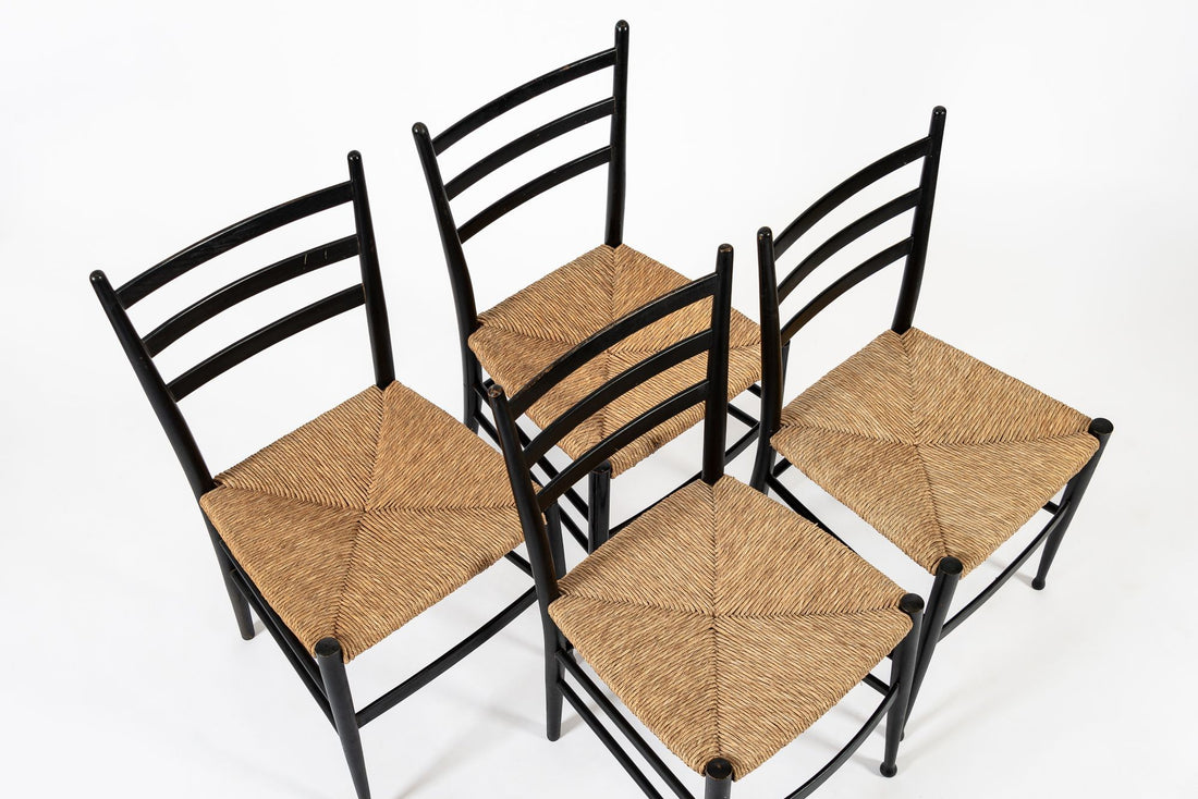 Vintage Mid Century Black Wood and Rush Wicker Dining Chairs
