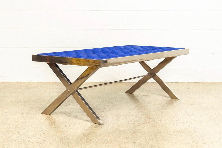 Mid Century Modern Chrome and Blue Strap Bench Milo Baughman Style