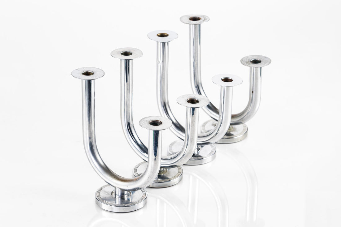 Antique Art Deco Taurex Chrome Candlestick Holders by Walter Von Nessen for Chase
