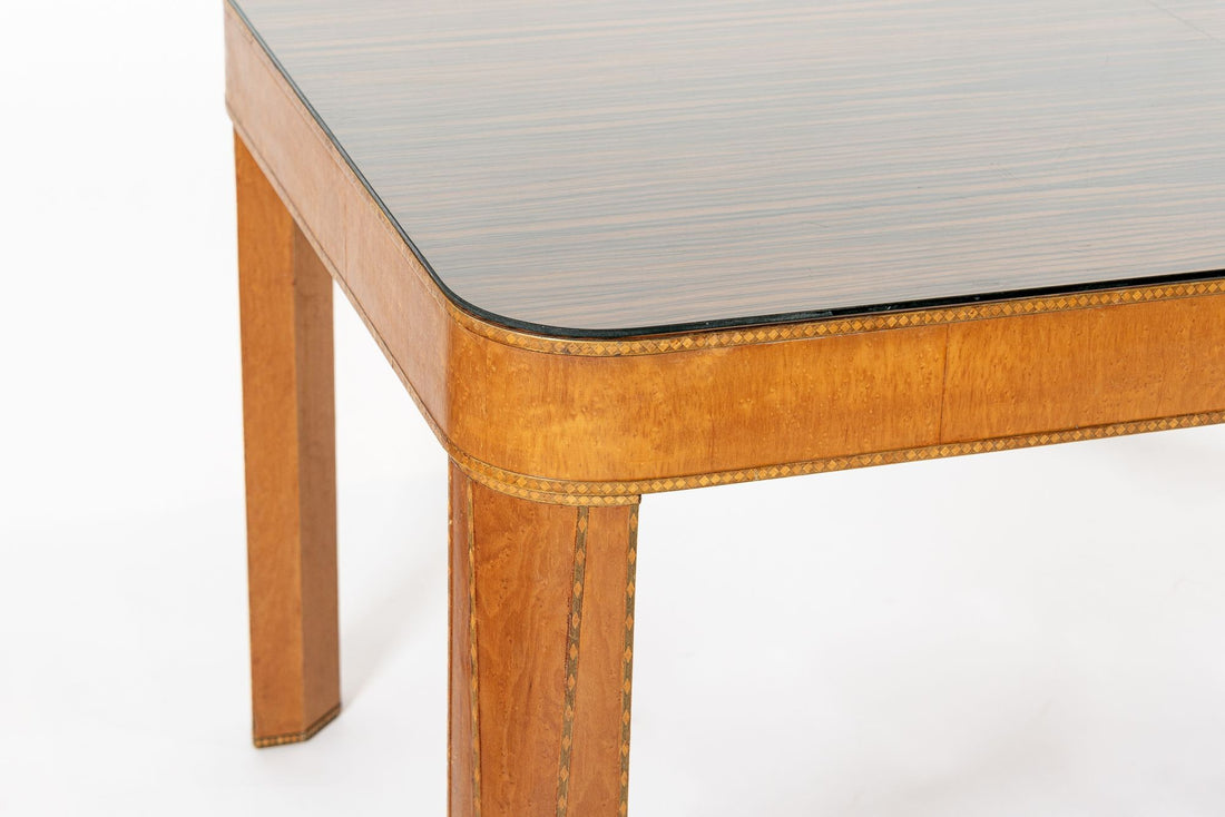 Antique Art Deco Macassar Ebony Wood Dining Table with Glass Top, 1940s