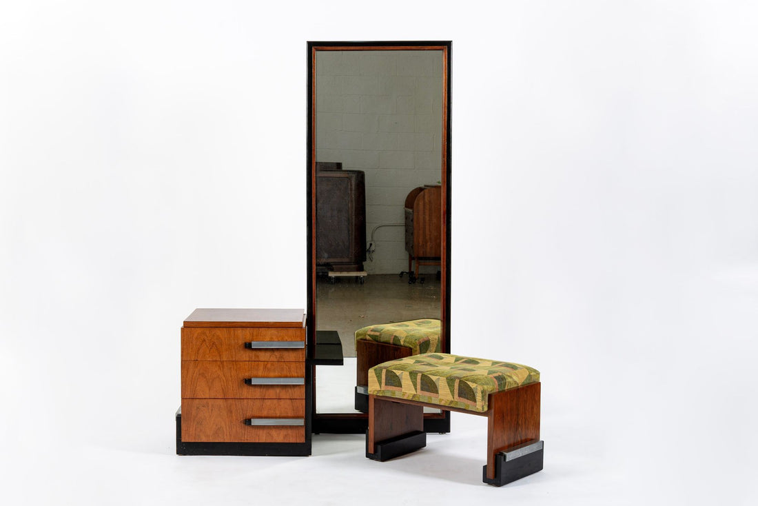 Antique Art Deco Wood Vanity Mirror & Stool by Donald Deskey for Widdicomb 1930s