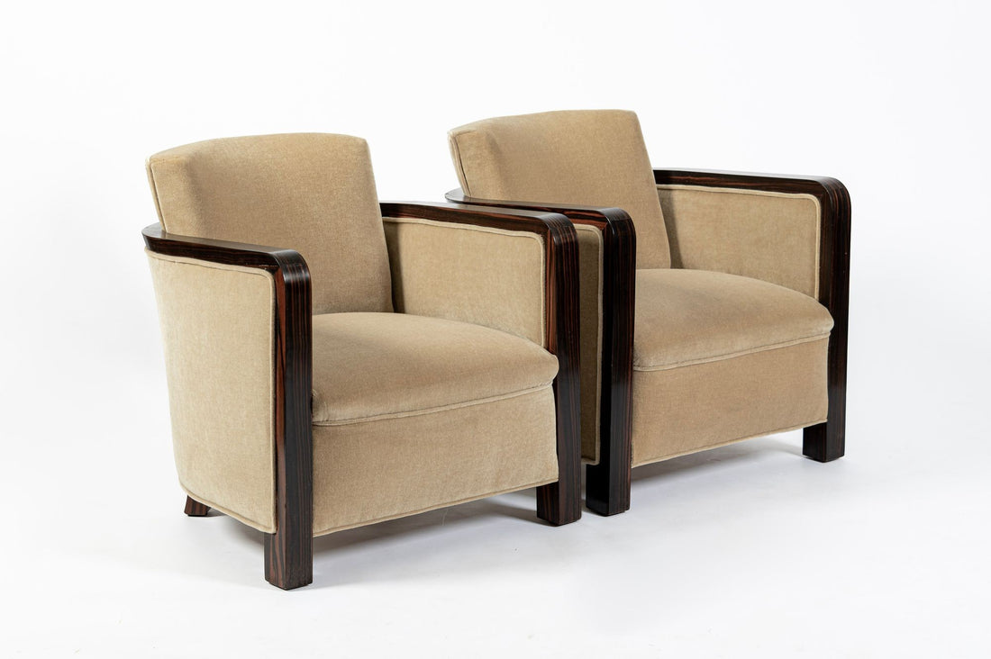 French Art Deco Mohair Lounge Chairs by Eric Bagge for Mercier Frères, Macassar Ebony, 1920s