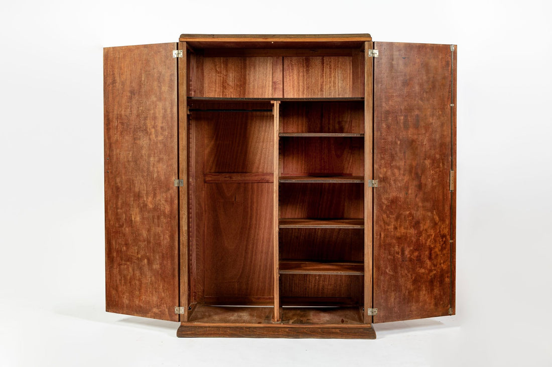 Antique French Art Deco Mahogany Wardrobe Armoire Cabinet, 1940s