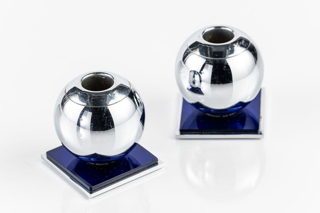 Art Deco Chrome and Cobalt Blue Candleholders by Walter von Nessen for Chase, 1930s