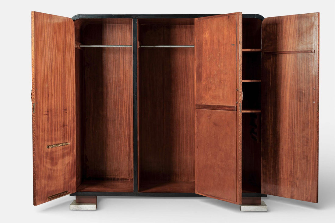 Antique Art Deco Maple Wood Mirrored Armoire Cabinet 1930s