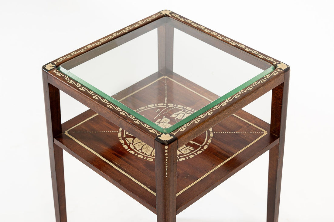 Antique French Art Nouveau Small Handpainted Mahogany Wood & Glass Side Table