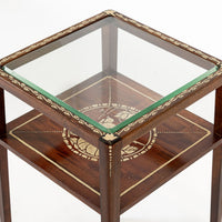 Antique French Art Nouveau Small Handpainted Mahogany Wood & Glass Side Table