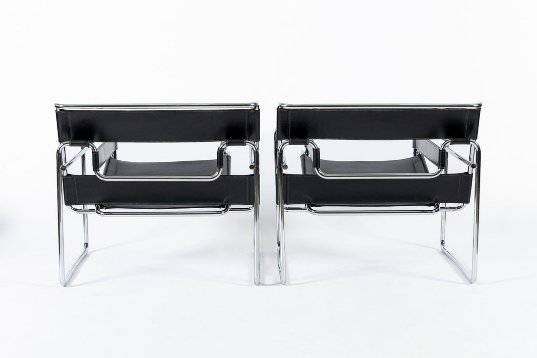 Mid Century Black Leather Wassily Arm Chairs by Marcel Breuer for Knoll, 1960s